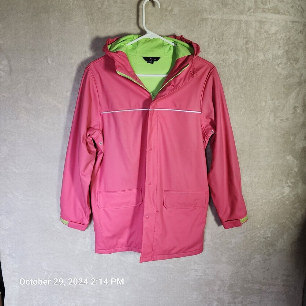 Lands End Girls Cotton Lined Waterproof Jacket Sz Med Pink Green Pockets Zipper